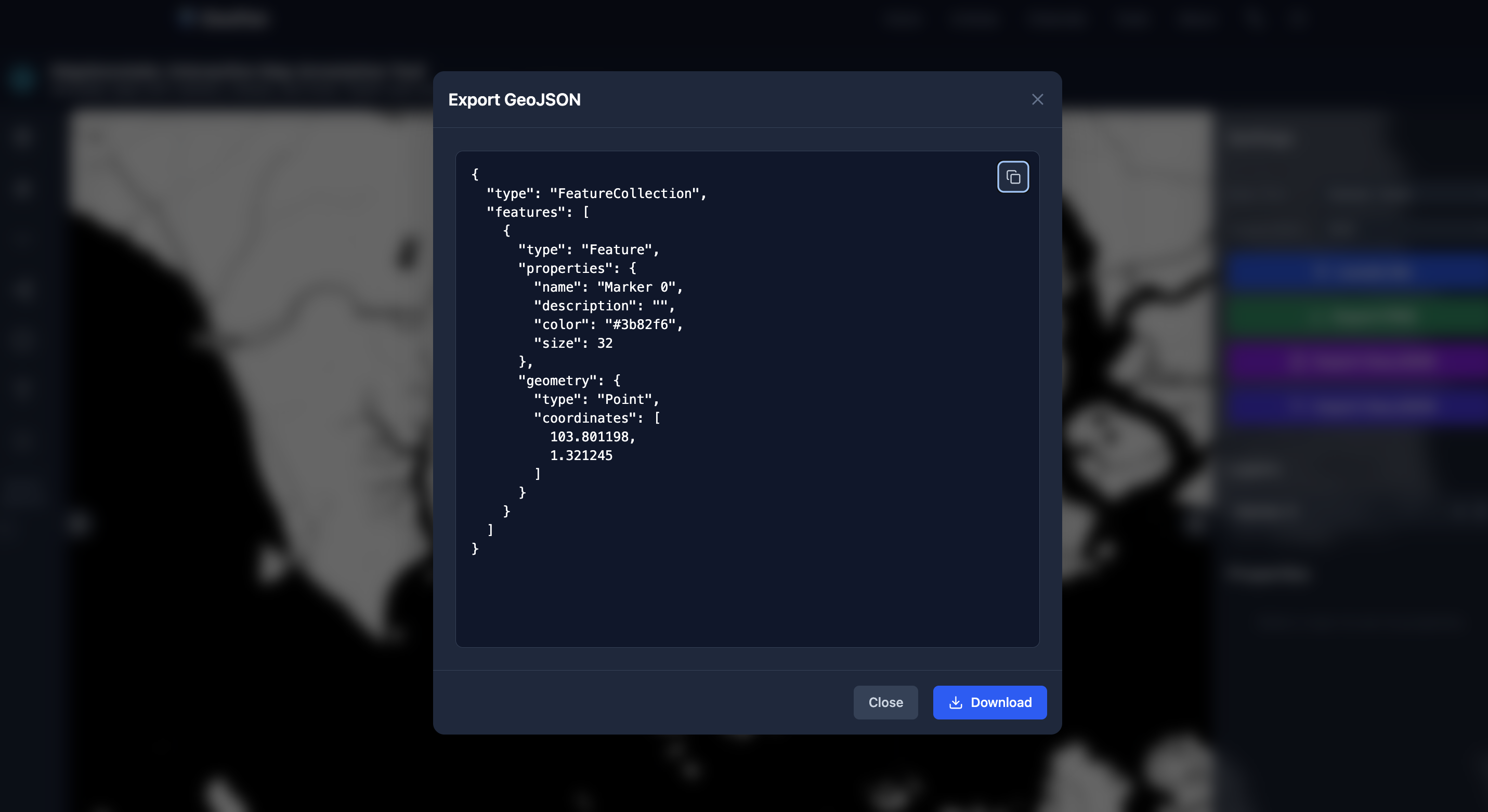 The marker you saw on the map can be exported as GeoJSON